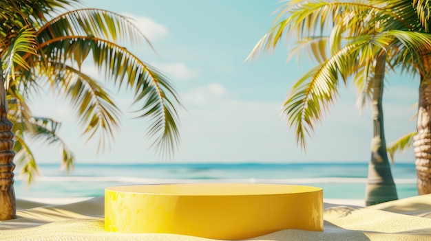 Foto gouden podium in het zand tegen de achtergrond van een zomer zeegebied vrije ruimte