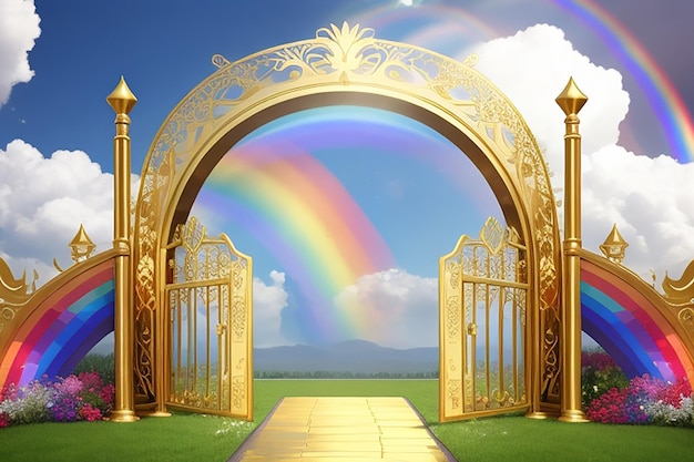 Gouden poorten met bloemenpaden en een regenboog