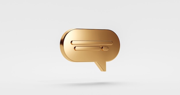 Gouden premium chat pictogram ontwerp of online bericht symbool toespraak bubble talk teken en contact communicatie geïsoleerd op een witte achtergrond met gouden dialoog premium service ballon. 3D-weergave.