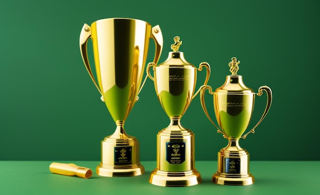 Gouden prestatie gele trofee op groene achtergrond met kopieerruimte