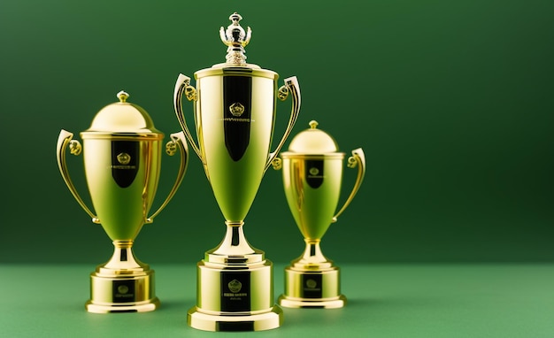 Gouden prestatie gele trofee op groene achtergrond met kopieerruimte