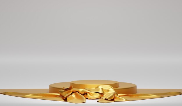 Gouden productstandaard met gouden stof. achtergrond voor productweergave, 3D-rendering