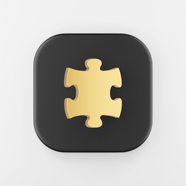 Gouden puzzel icoon. 3D-rendering zwarte vierkante knopsleutel, interface ui ux-element.