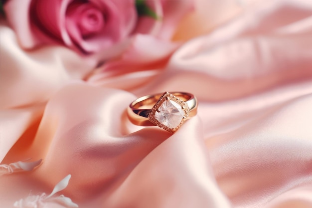 Gouden ring met diamant op roze zijde met roosjes