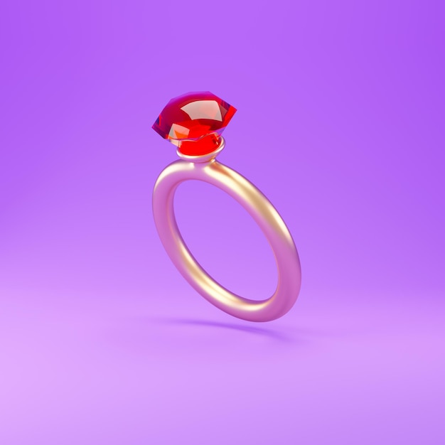 Gouden ring met rode steen. 3D-rendering illustratie.