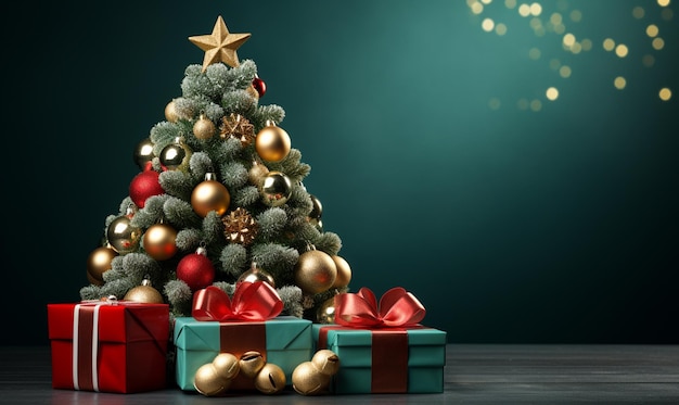 Gouden rode en groene kerstboom en cadeau dozen kerst achtergrond met kopieerruimte