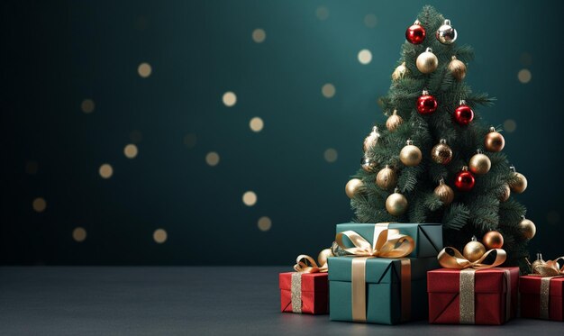 Gouden rode en groene kerstboom en cadeau dozen kerst achtergrond met kopieerruimte