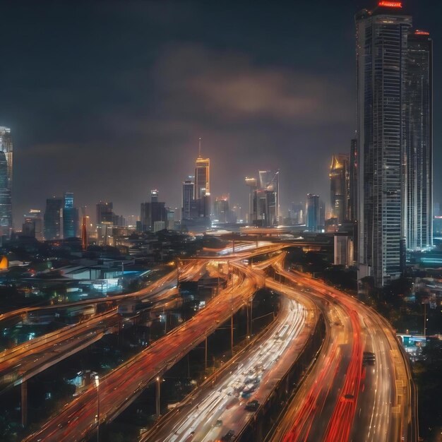 Gouden rood wit grijs enz. wazig bokeh licht in de snelweg uitzicht op het stadsbeeld van Bangkok als achtergrond