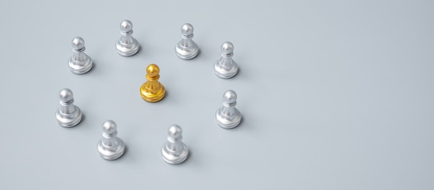 Gouden schaak pion stukken of leider leider zakenman met cirkel van zilveren mannen. leiderschap, business, team en teamwork concept