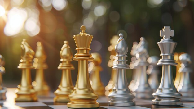 Foto gouden schaakkoning tegenover zilveren schaak op bokeh achtergrond