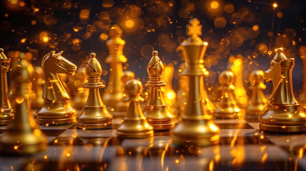 gouden schaakstukken maken een spel tegen elkaar