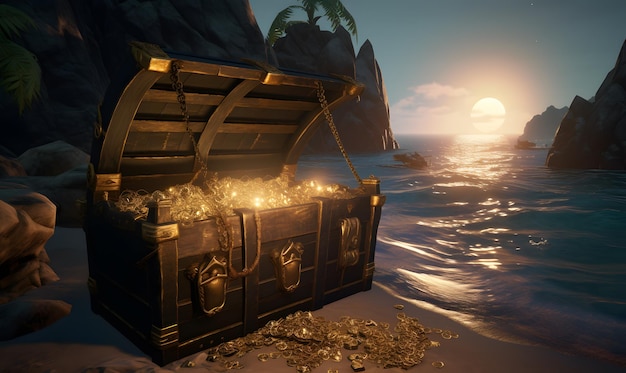 Foto gouden schatkist op sandy beach in piratenomgeving met gedetailleerde texturen en verlichting van de unreal engine