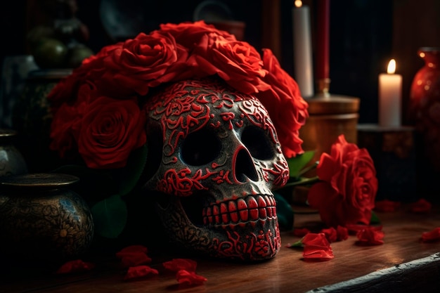 Gouden schedel met rode rozen Generatieve AI