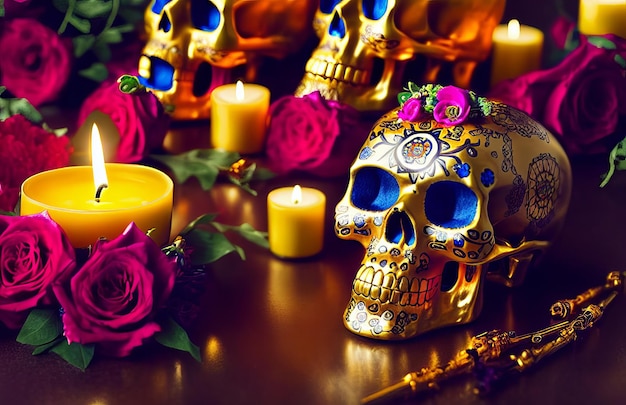 Gouden schedel voor dia de los muertos dag van de doden met kaarsen en bloemen