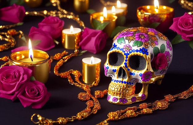 Foto gouden schedel voor dia de los muertos dag van de doden met kaarsen en bloemen