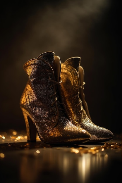 Gouden schoen met donkere generatieve ai-afbeelding als achtergrond