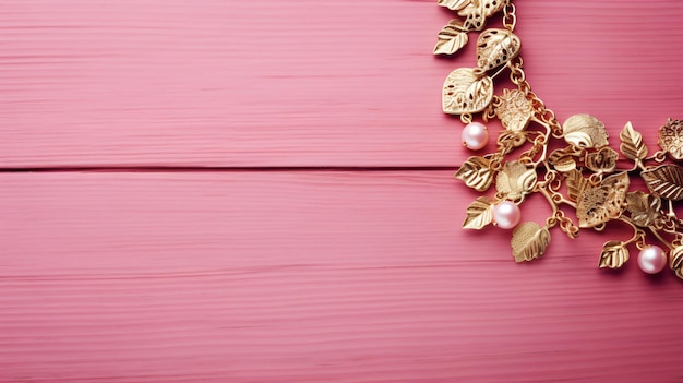 Gouden sieraden op roze hout met kopieerruimte