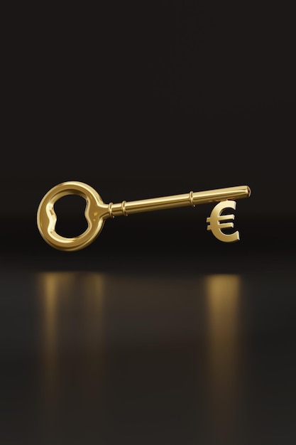 Gouden sleutel met euroteken op zwarte 3d illustratie als achtergrond