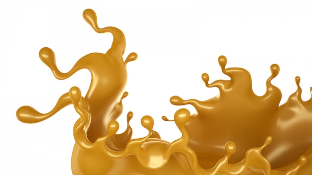 Gouden splash van karamel op witte achtergrond. 3D-weergave.