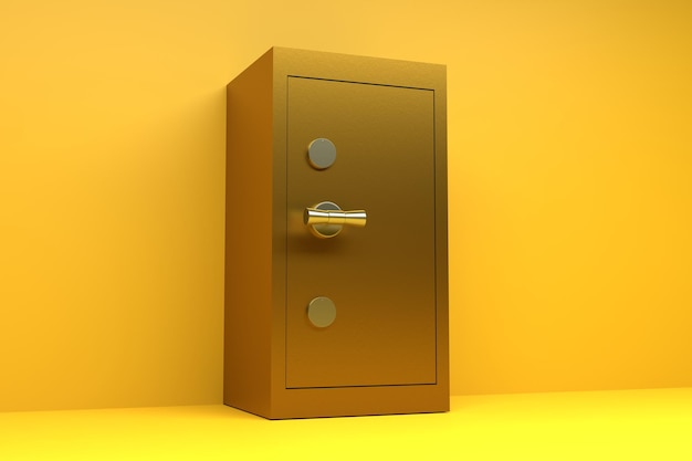Gouden stalen kluis voor geld op een gele achtergrond Veiligheid van geld kostbaarheden concept 3D render