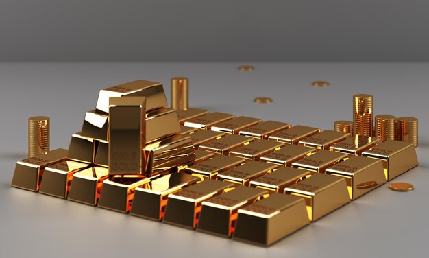 Gouden staven munten en rijkdommen met marmeren textuur geometrische 3D-weergave