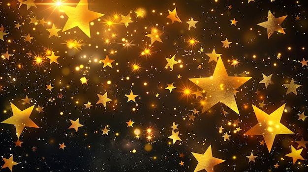 Gouden sterren van verschillende afmetingen op een donkerblauwe achtergrond