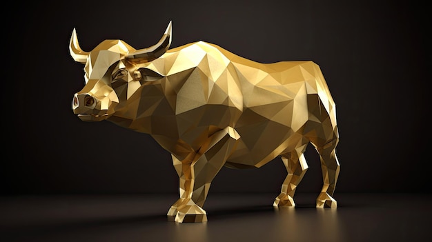 Gouden stier in Origami-stijl op zwarte achtergrond 3D-kunststijl met generatieve AI-technologie