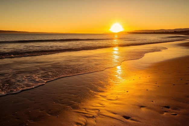 Gouden strand bij zonsondergang met de ondergaande zon boven de oceaanhorizon gecreëerd met generatieve ai