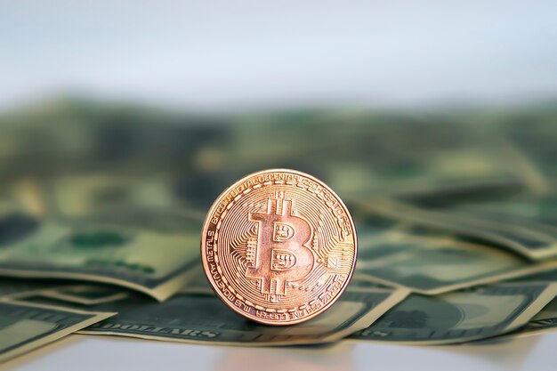 Gouden symbolische munt Bitcoin op bankbiljetten van dollars. Wissel bitcoin cash in voor een dollar. Cryptocurrency op Amerikaanse dollarbiljetten. Digitale moderne betaalmethode.