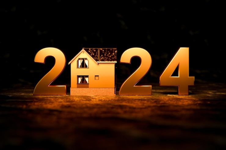 Foto gouden symboolhuis met jaarnummers 2024 op donkere achtergrond gouden vastgoed 2024 nieuwjaar 3d illustratie