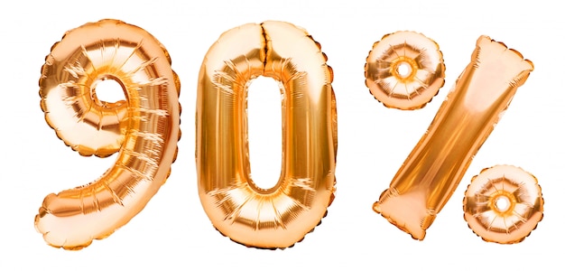 Gouden teken van negentig procent gemaakt van opblaasbare ballonnen geïsoleerd op wit. helium ballonnen, goudfolie nummers. verkoopdecoratie, 90 procent korting
