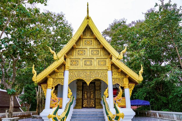 Gouden tempel bedekt het gebouw met de boomachtergrond.