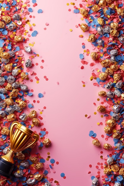 Gouden trofee met kleurrijke confetti op roze achtergrond