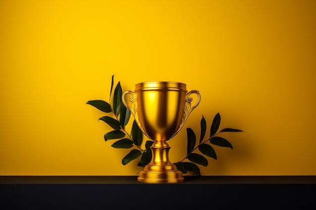 gouden trofee op een gele achtergrond met groene bladeren