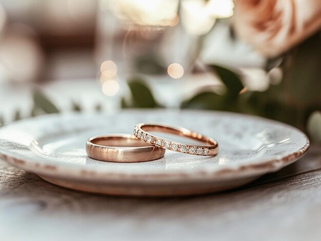 Gouden trouwringen en bloemen op achtergrond romantische stijl trouwstijl