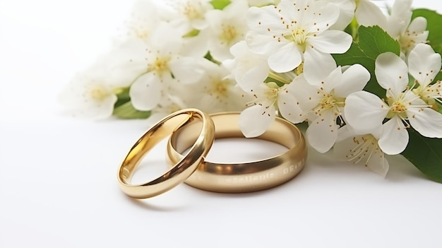 Foto gouden trouwringen en bloemen twee rechtopstaande gouden trouwbanden geïsoleerd op witte achtergrond