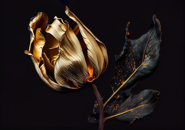 Gouden tulp op zwarte luxe dure bloem chique bloesem abstracte generatieve Ai illustratie