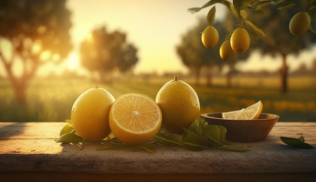 Gouden uur citroen citrusvruchten op een houten tafel in de middagzon fruit achtergrondafbeelding