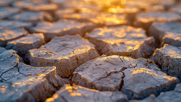 Gouden uur licht werpt schaduwen op gebroken droge aarde textuur Concept van droogte en klimaat