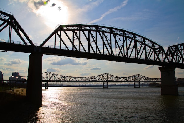 Gouden uur over industriële truss bruggen in Louisville Kentucky