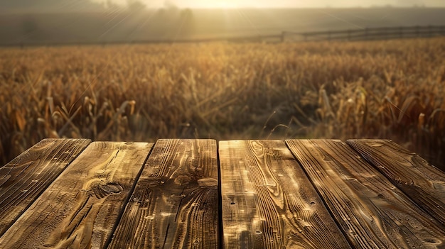 Gouden uur over landbouwgrond rustiek houten platform front view serene landelijke scène met warm licht perfect voor achtergronden en natuur thema's AI