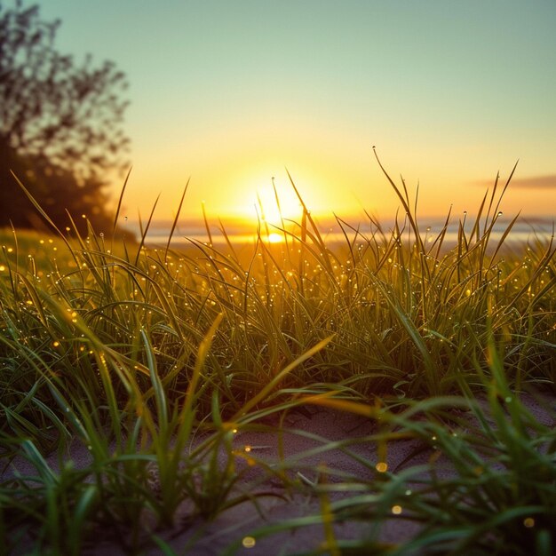 Foto gouden uur schoonheid groen gras gewassen in de warmte van de zonsondergang voor social media post size