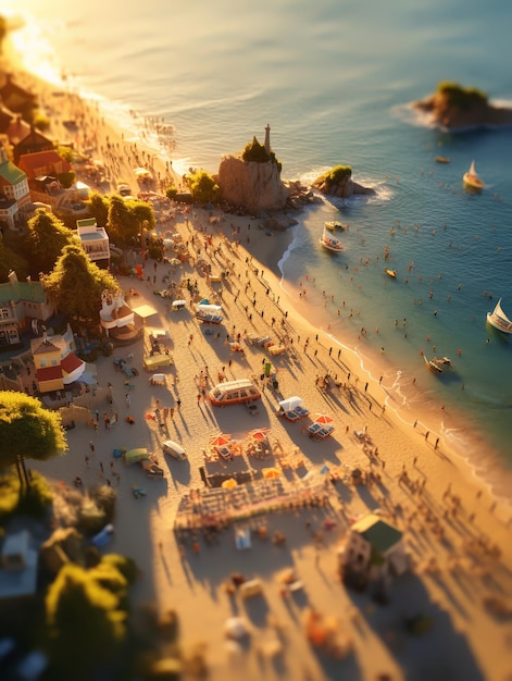 Gouden uur strandtafereel in tiltshift-lens