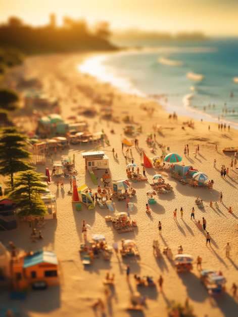 Gouden uur strandtafereel in tiltshift-lens