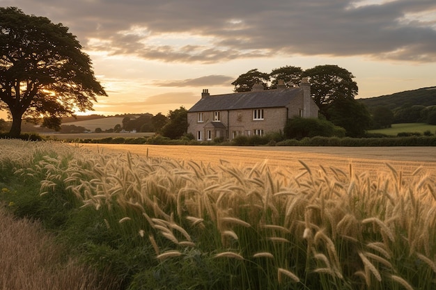 Gouden uur zonsondergang over een gerstveld met een landhuisje