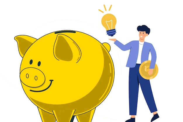 Gouden varkenbank met man die gloeilamp en dollar vasthoudt
