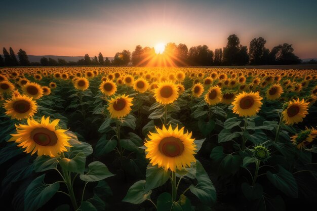 Gouden veld van zonnebloemen in de ondergaande zon generatieve IA