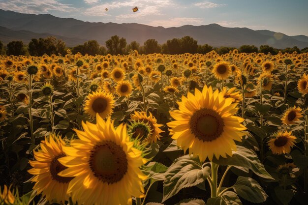 Gouden veld van zonnebloemen met bergen op de achtergrond generatieve IA