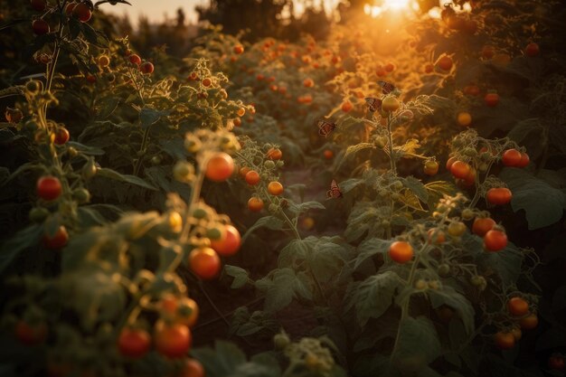 Gouden veld vol rijpe tomaten Vlinders en bijen completeren het tafereel generatieve IA