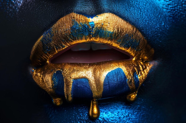 Gouden verf druppelt van de lippen Lipgloss Druppelende gouden vloeibare druppels op de mond van mooie modellen